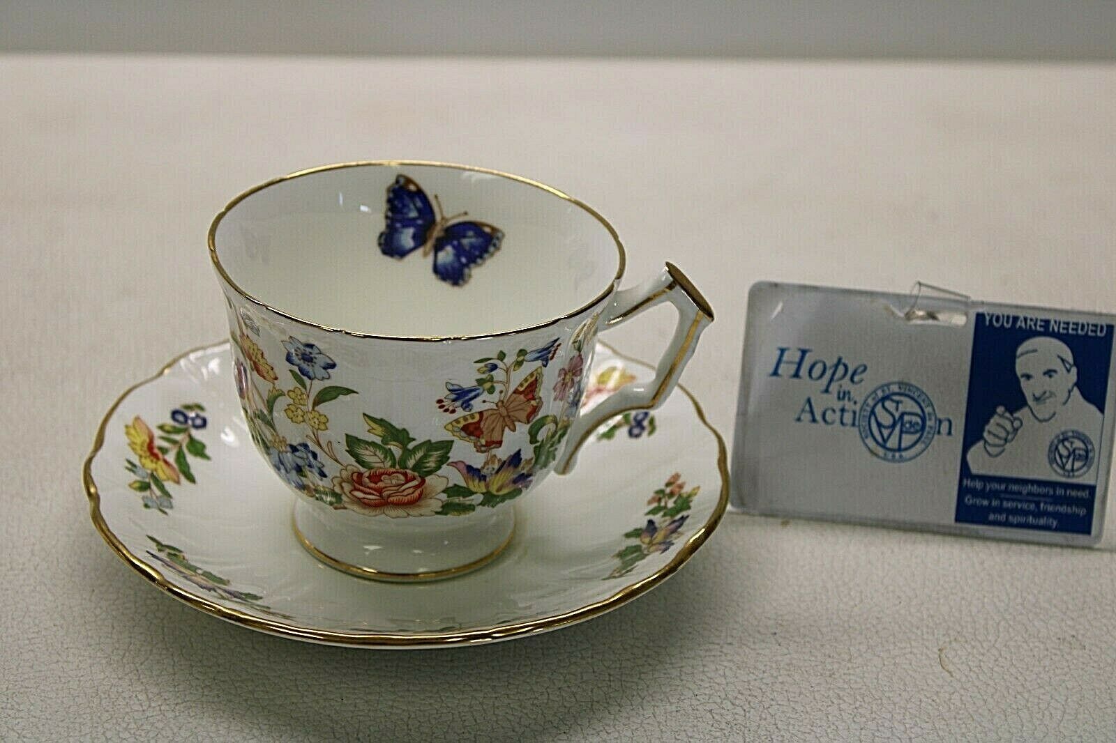 Aynsley Teacup & Saucer Set - Bone China Set W/ Painted Floral Butterfly Graphic