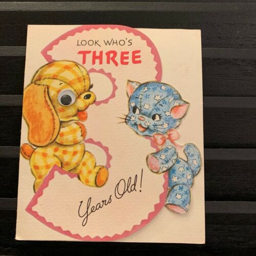 Vintage Greeting Card Birthday 3rd Cute Dog And Cat Rust Craft