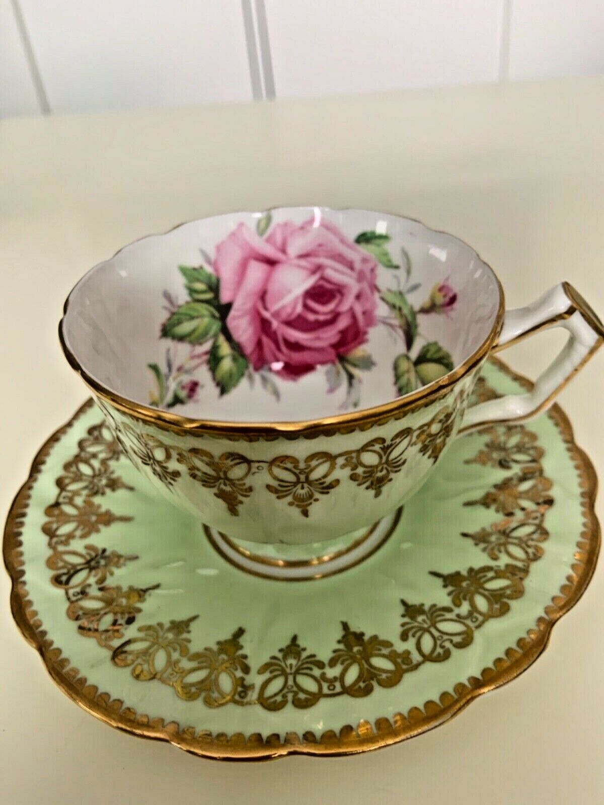 Vintage Aynsley Bone China England Floating Pink Rose On Mint Green Teacup And S