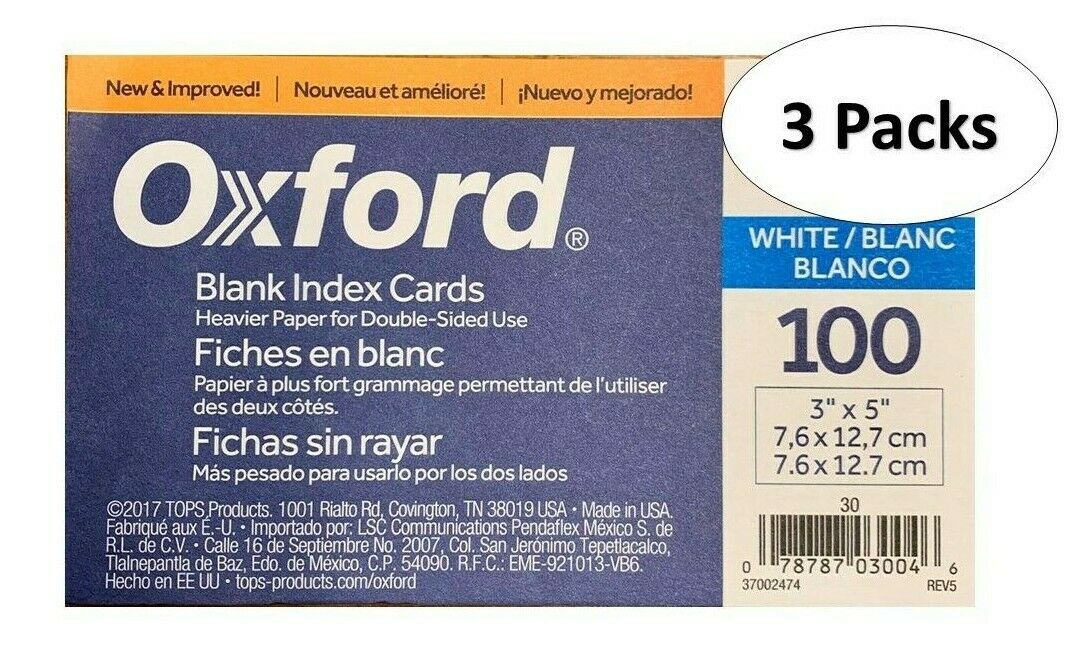 Oxford 30 3" X 5" Blank Index Cards - White, 100/pack, 3 Packs