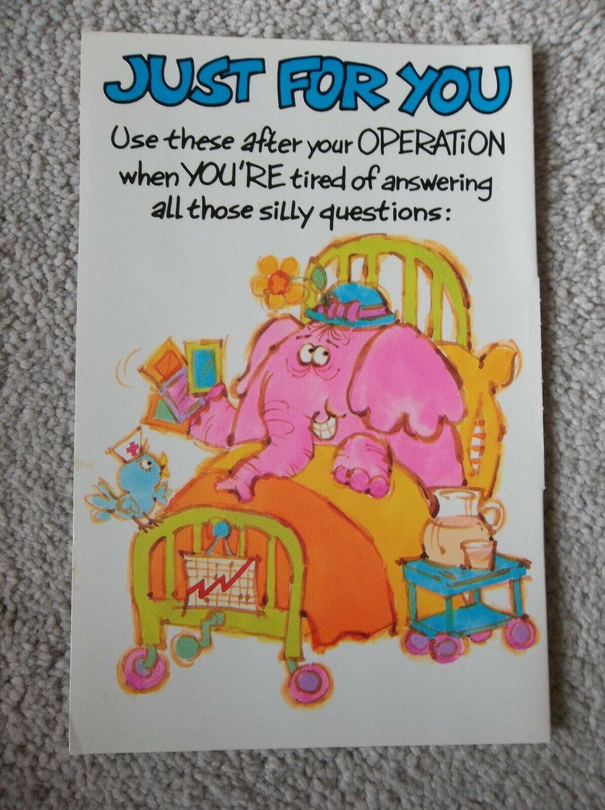 Vintage Greeting Card ~pink Elephant In A Bed, Bluebird As Nurse