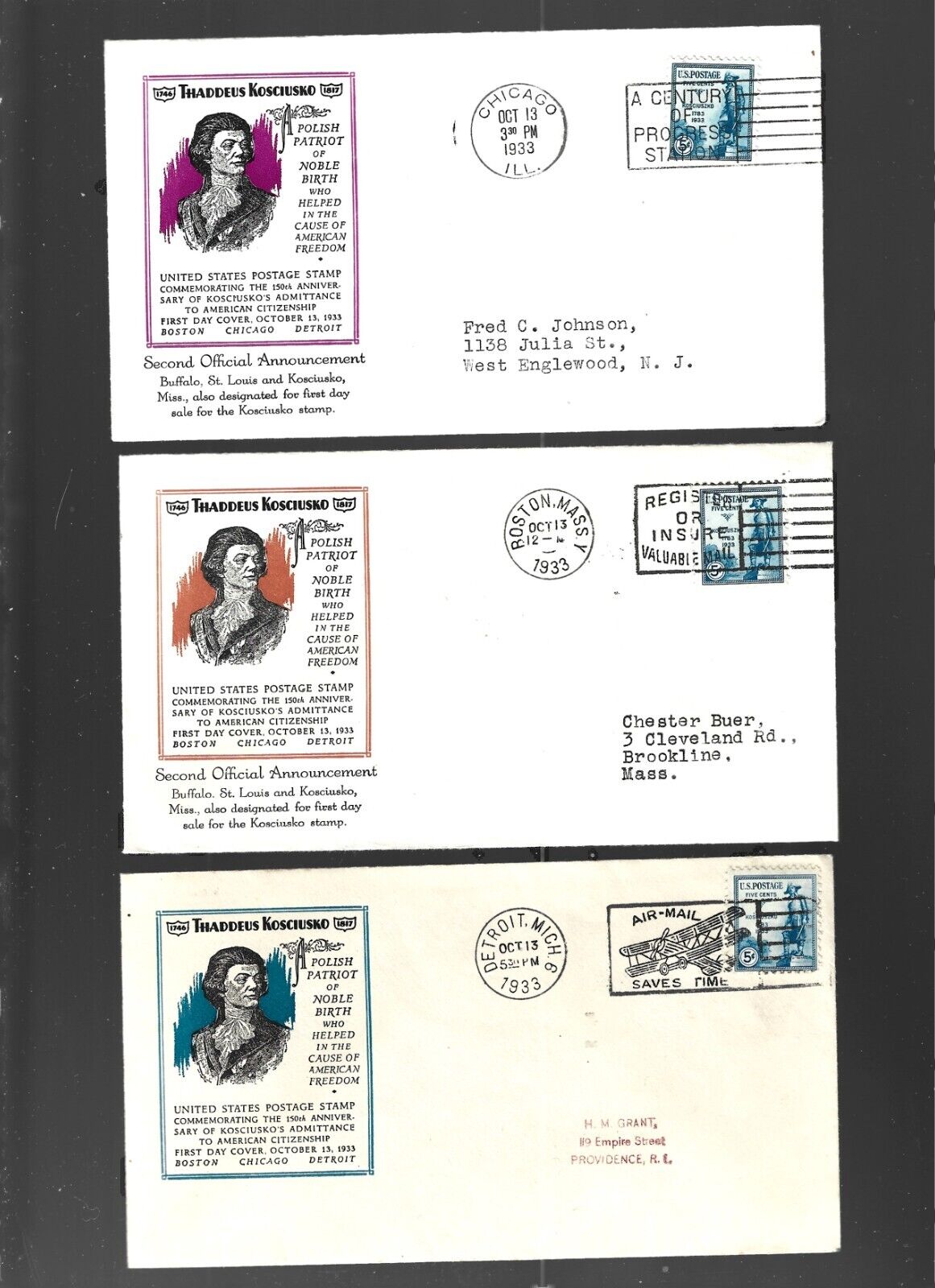 Us Fdc First Day Cover # 734 Kosciusko  1933  Lot Of 3 Different Colors