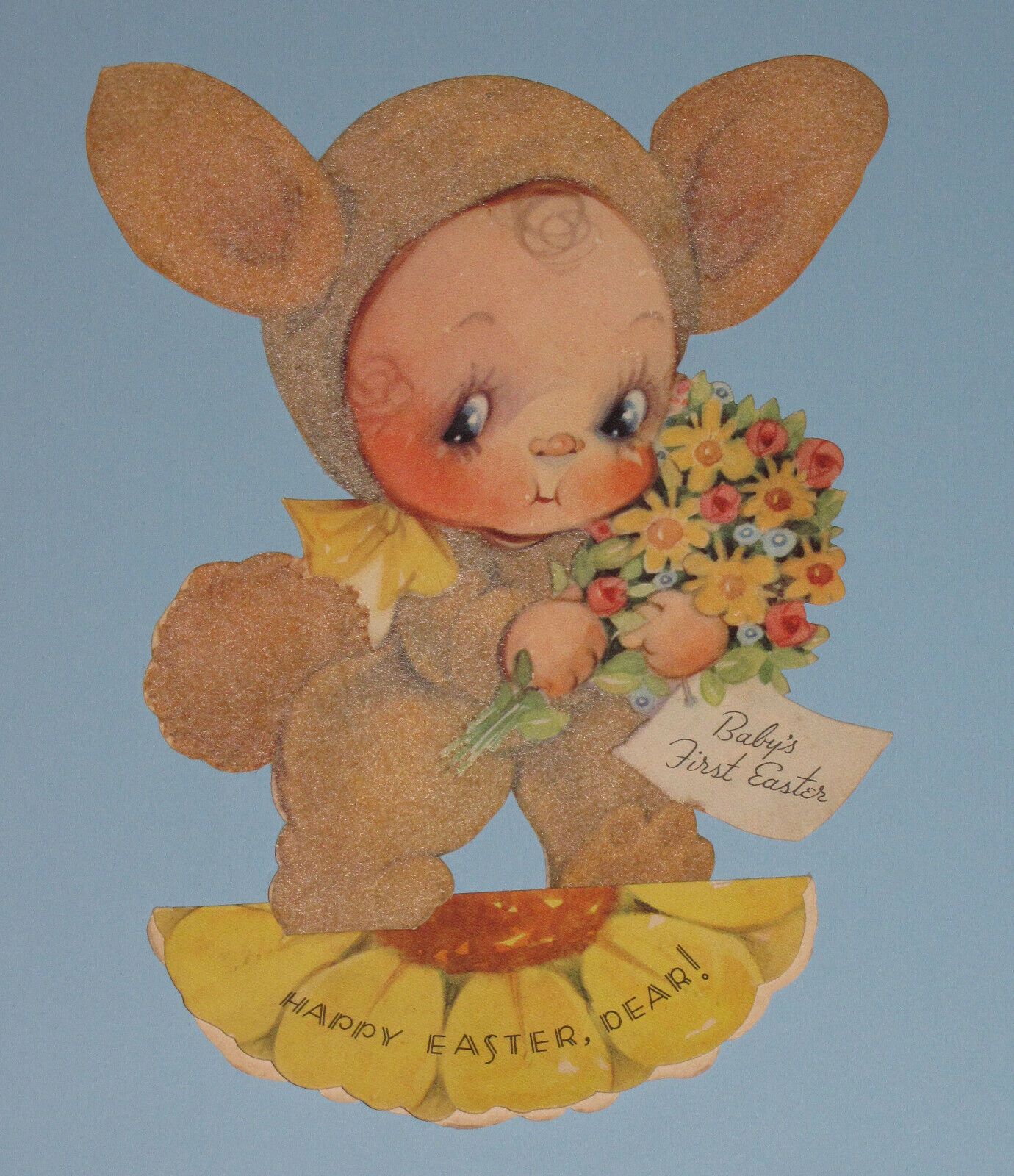 Vintage Gibson Easter Card Bunny Rabbit Baby First Diecut Flocked Stand Up Big