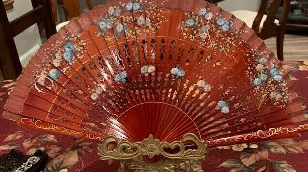 Vintage Wooden Hand Painted Woman's Asian  Fan, Signed 16 1/2" X 9" ( Open)