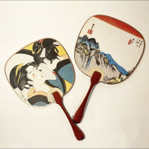 Vintage & Collectible Japanese Fan Pair Oriental Decor With Geisha & Mountains