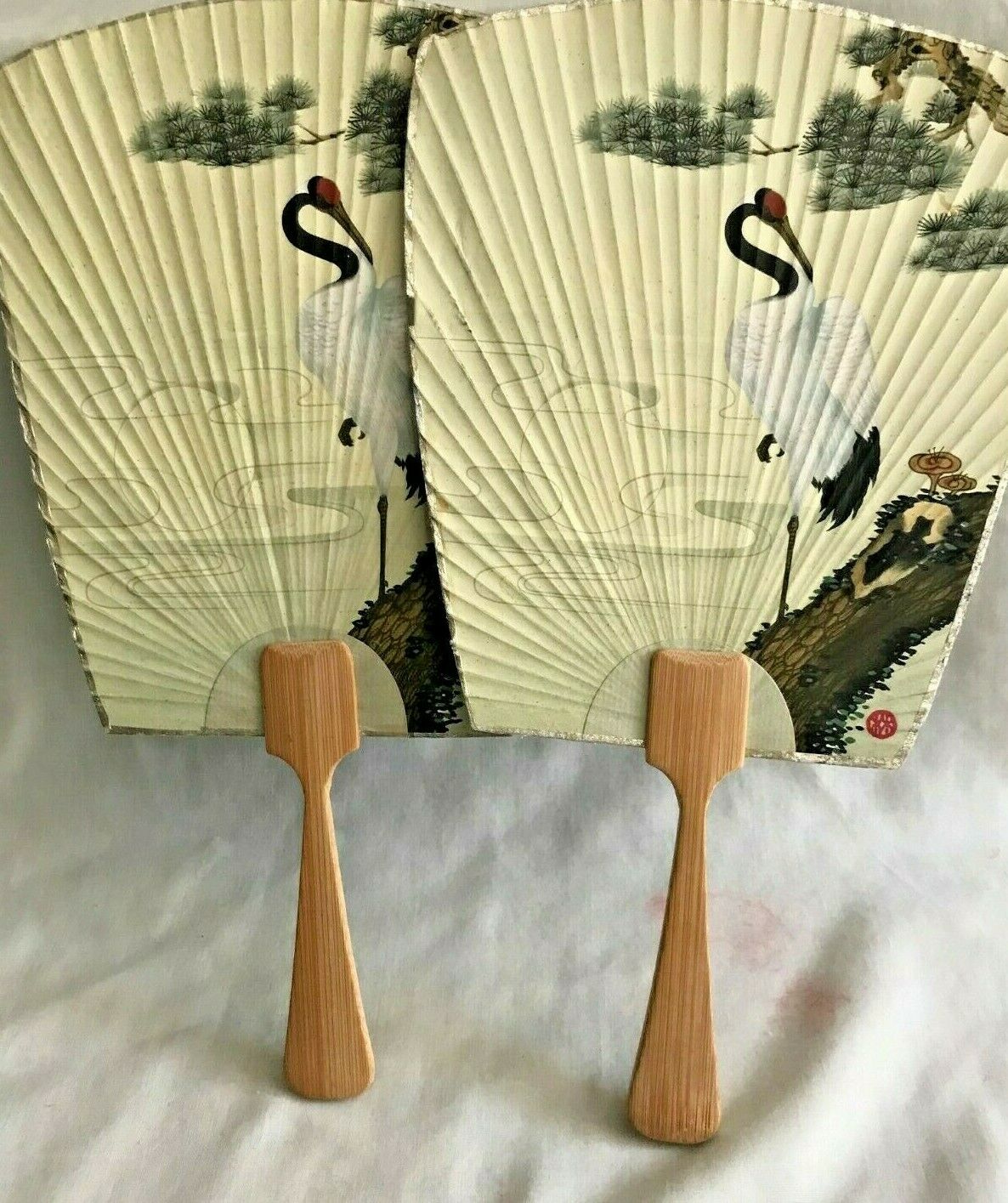 Japanese Pair Colorful Hand Fans With White Egrets And Wood Handles