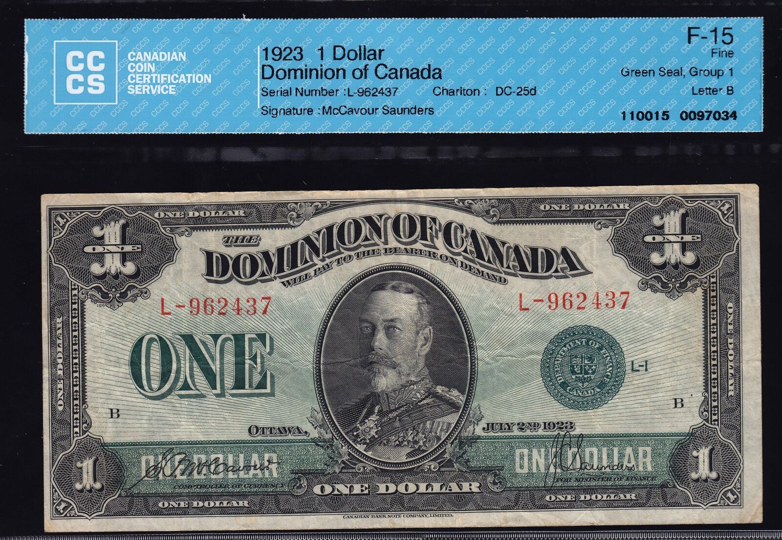 1923 Dominion Of Canada $1 Cccs Fine15 (dc-25d)