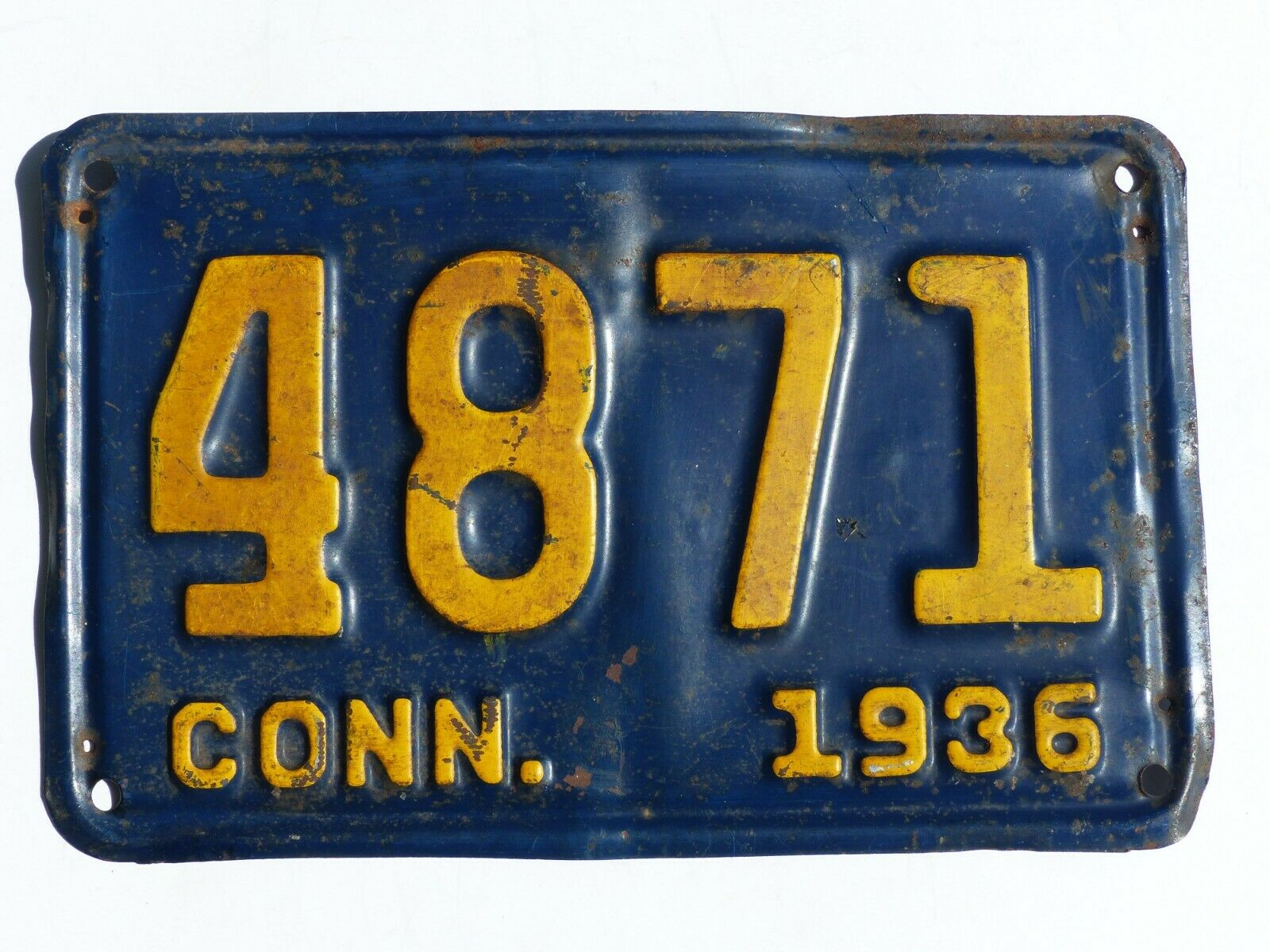 Used Vintage 1936 Connecticut Car License Plate # 4871 Low # 4 Digit Rat Rod
