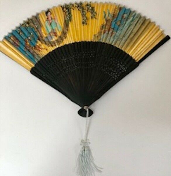 Rare Hand Painted Gold With Black Ribbing Fan. Circa 1940’s