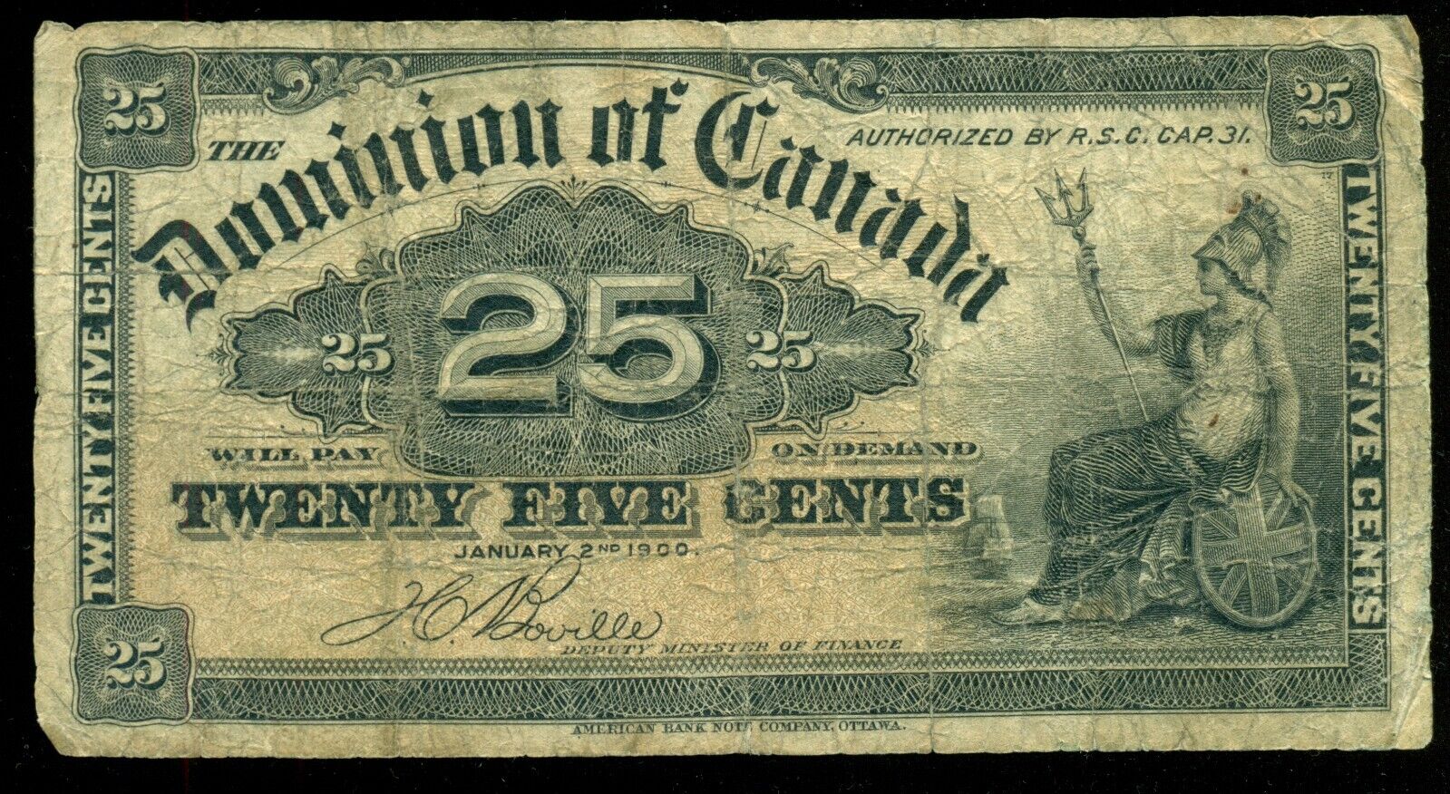 Dominion Of Canada Dc-15b, 1900 25 Cent Banknote "shinplaster" Bouville
