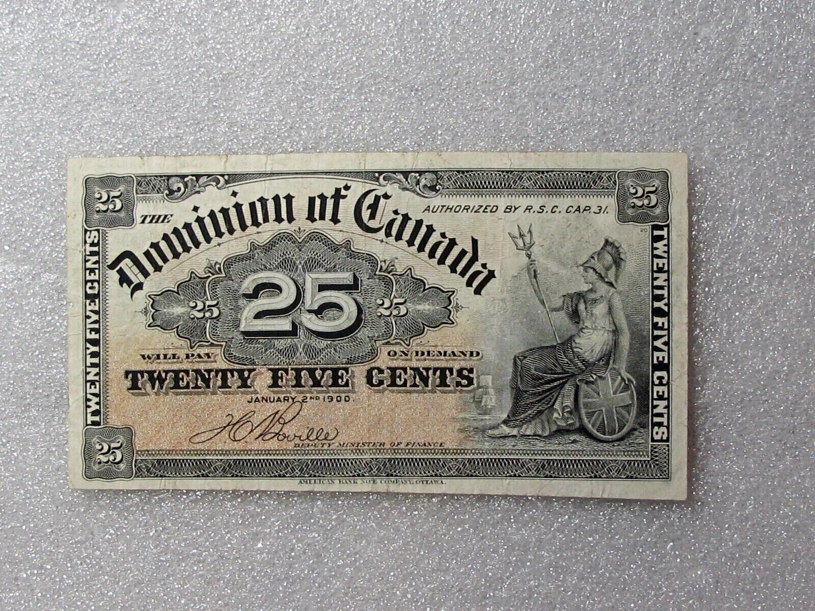 1900 Dominion Of Canada  25 Cents Shinplaster Banknote Money 1/4 Dollar