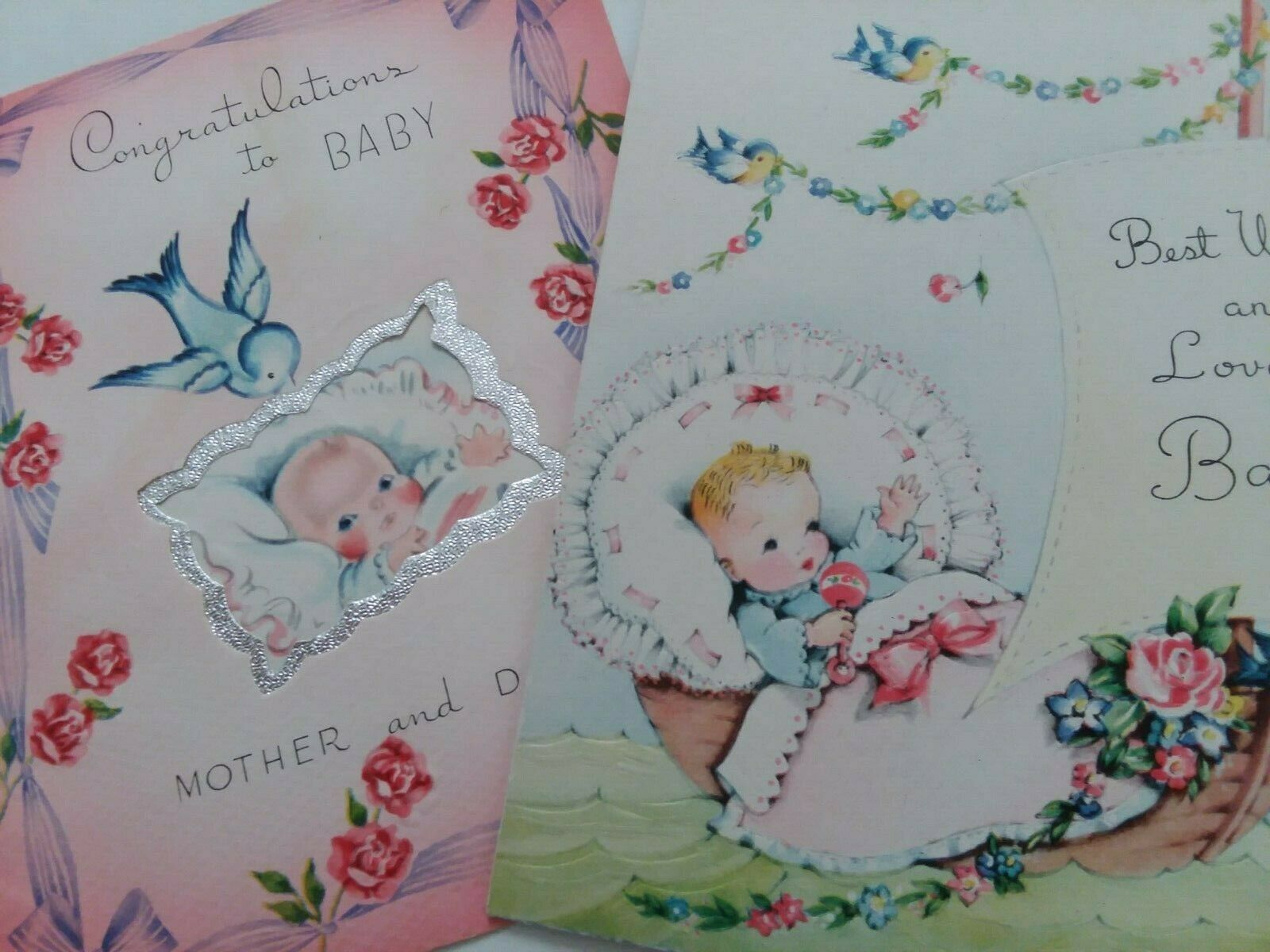 2 Vtg 1940s Babies W Bluebirds Congratulations Greeting Cards