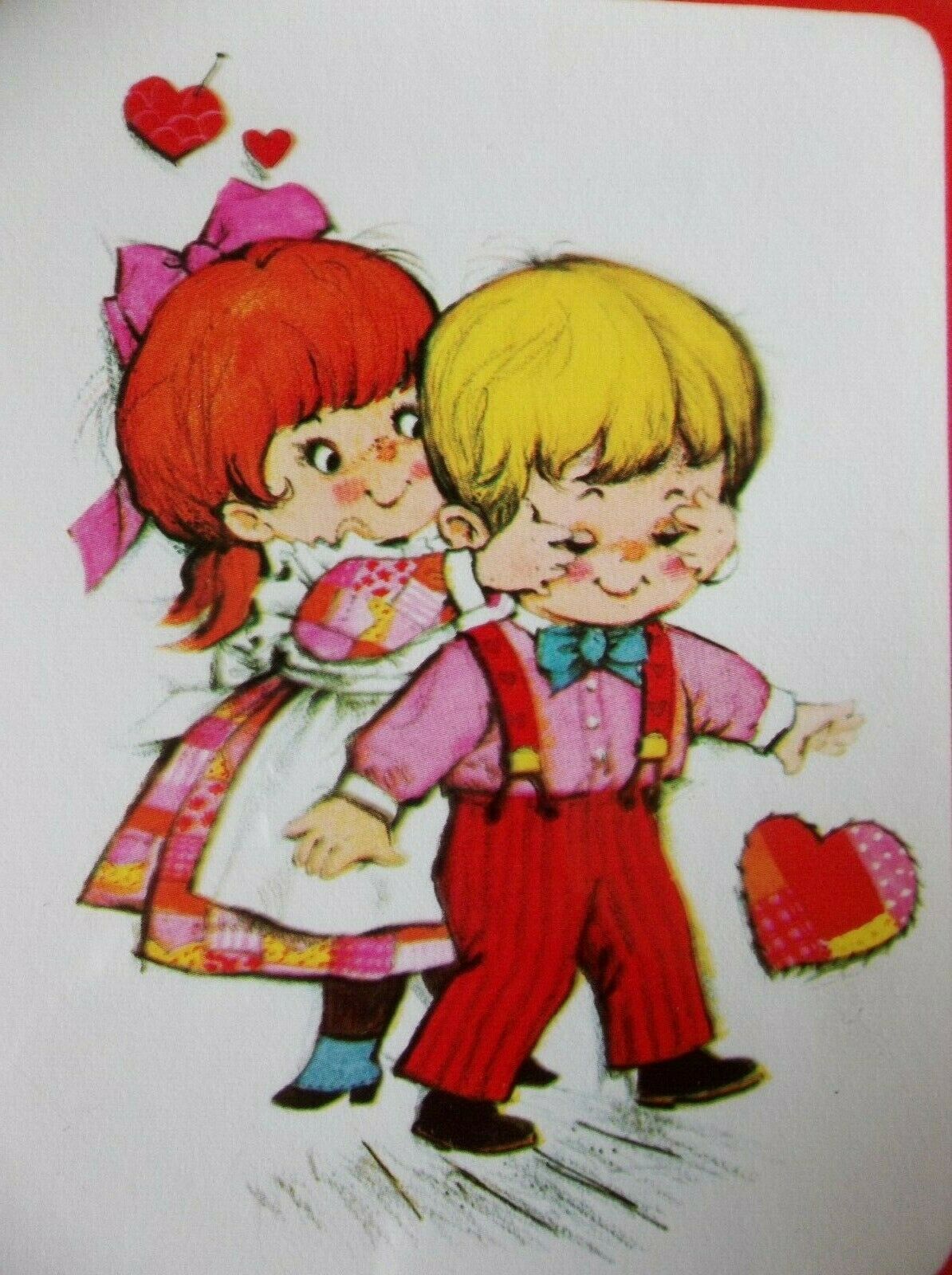 Vintage Greeting Card ~valentine ~gal Putting Hands Over His Eyes ~hearts