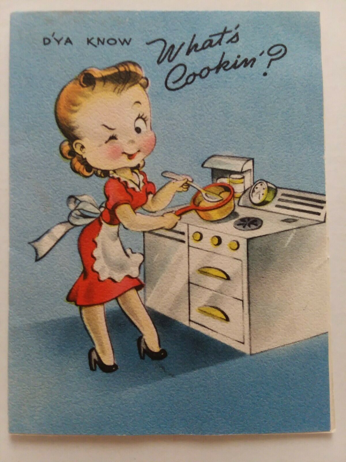 1944 Vtg Party Invitation Lady Stove Ya Know What's Cooking Raise The Roof Card