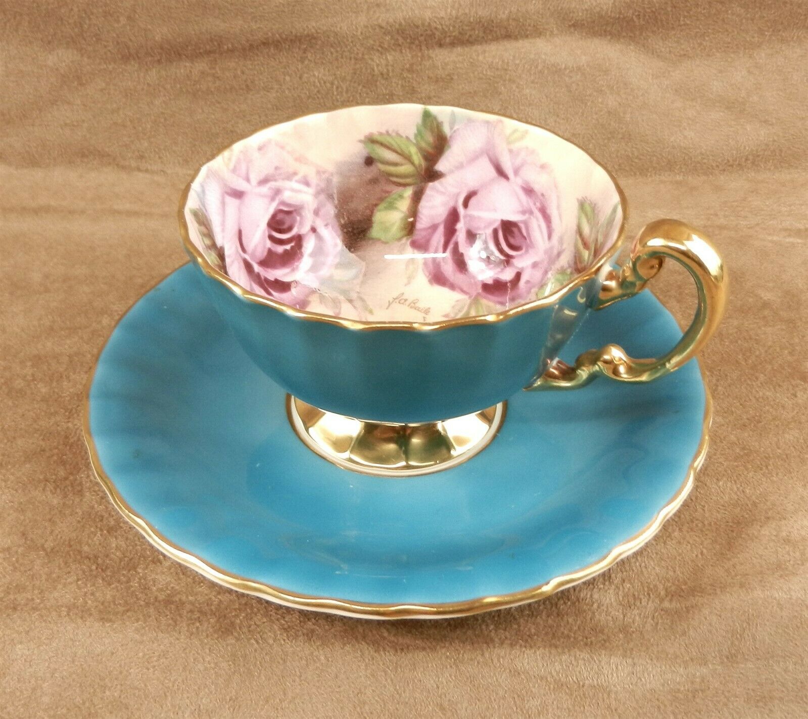 Aynsley Pink Roses Cup & Saucer Turquoise Gold Edges J A Bailey Bone China  Dc
