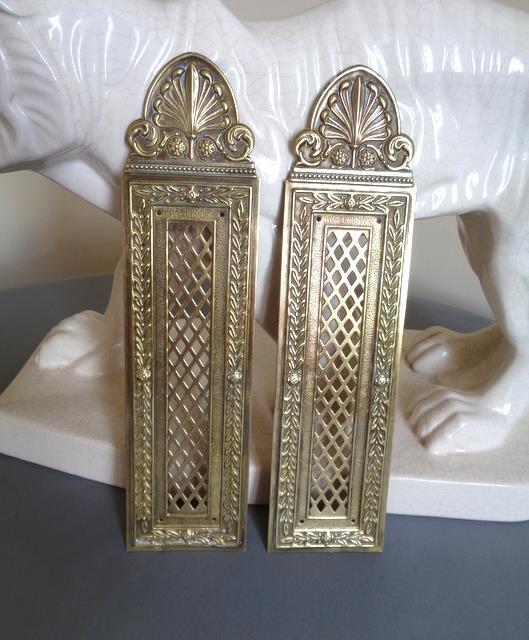 Pair Antique French Brass Door Push Plates - Door Finger Plaques Open Fretwork